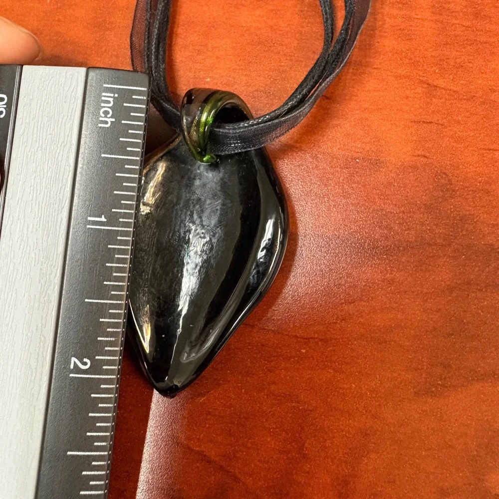 Art Glass Teardrop Pendant Necklace Green‎ Brown Swirl Boho Ribbon Cord